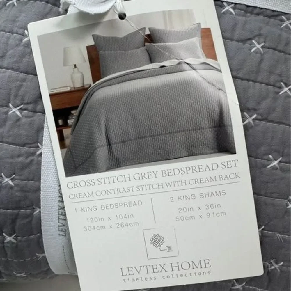 Levtex Home Cross Stitch Stitching 3-Pc. Bedspread Set, King, Grey